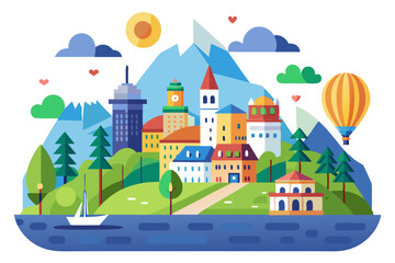 Colorful Cityscape with Mountains, Lake, Hot Air Balloon and Sailboat