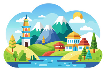Colorful Illustration of a Picturesque Village with Mountains, a River, and Buildings