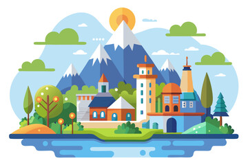A picturesque village nestled amidst mountains and a serene lake.
