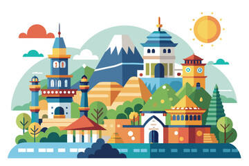 Colorful cityscape with buildings, mountain, trees and sun