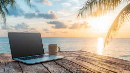 A serene workspace by the beach featuring a laptop and coffee cup, perfect for remote work and relaxation by the ocean.
