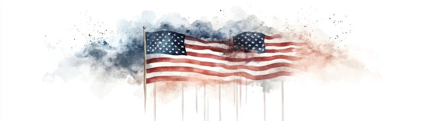 Obraz premium A beautiful artistic rendering of two American flags, symbolizing patriotism and national pride in a creative watercolor style.