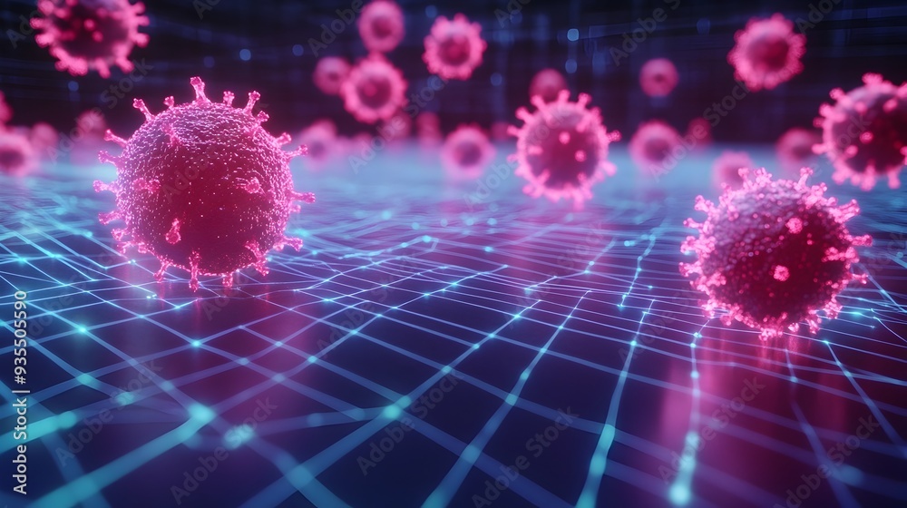 Poster monkeypox virus particles floating in a sleek futuristic digital grid pattern with copy space creati