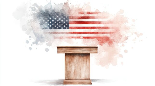 A wooden podium in front of a watercolor American flag backdrop, symbolizing democracy and public speaking.
