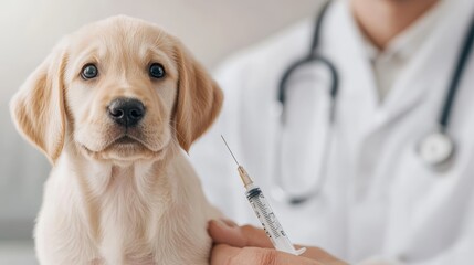 A cute puppy receiving a vaccination from a veterinarian, emphasizing pet healthcare and responsibility.