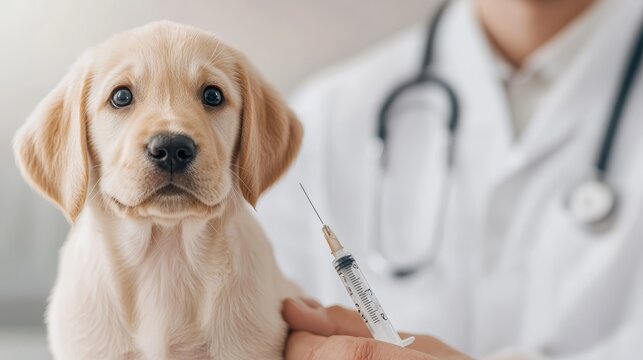 A cute puppy receiving a vaccination from a veterinarian, emphasizing pet healthcare and responsibility.