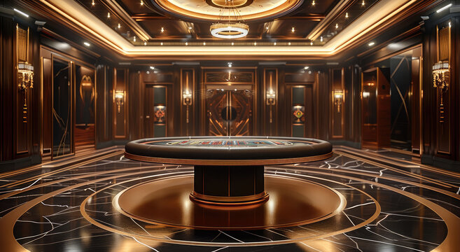 Casino background, black and gold color scheme There is a Baccarat table in the middle. Generative AI.