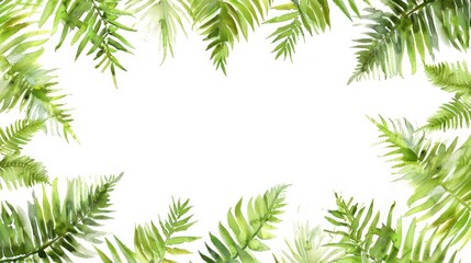 Frame of fern branches and flowers, white background and space for text