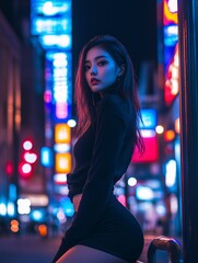 pretty Asian girl, chic minimal costume, dynamic pose on Tokyo street, vibrant city lights, fashionable and modern, sleek and stylish look, fashion photography, urban vibe, high energy