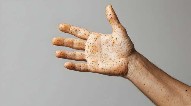 Closeup hand image showing visible monkeypox skin lesions and rash with neutral plain background leaving ample space for copy or text overlay