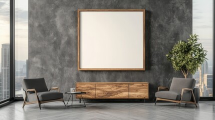 Stylish modern living room with minimalist furniture, large mirror, and bright city view through panoramic windows.
