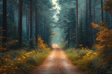 Obraz premium A forest path with tall trees, isolated on a pastel beige background, capturing the preservation of natural landscapes,