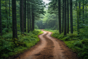 Obraz premium A forest path with tall trees, isolated on a pastel beige background, capturing the preservation of natural landscapes,