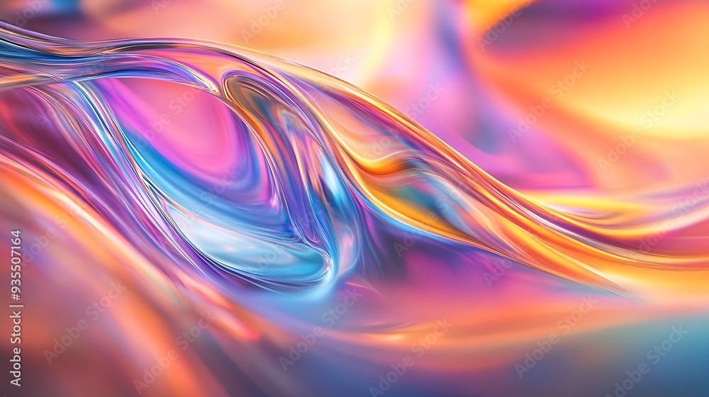 Poster A complex interplay of rainbow colors creates a liquidlike abstraction on a 3d glass surface with warped and stretched light : Generative AI