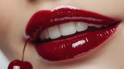 Fototapeta premium Woman mouth and bite with cherry red lipstick or cosmetics for nutrition on a white studio background Closeup of person teeth or natural organic fruit with makeup or gloss for diet fib : Generative AI