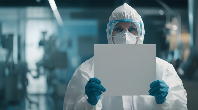 Conceptual image of a healthcare worker in protective uniform holding a sign about monkeypox virus outbreak with empty space around for text placement set in a neutral medical environment