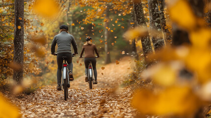 Two cyclists riding on a leafy trail in a vibrant autumn forest
