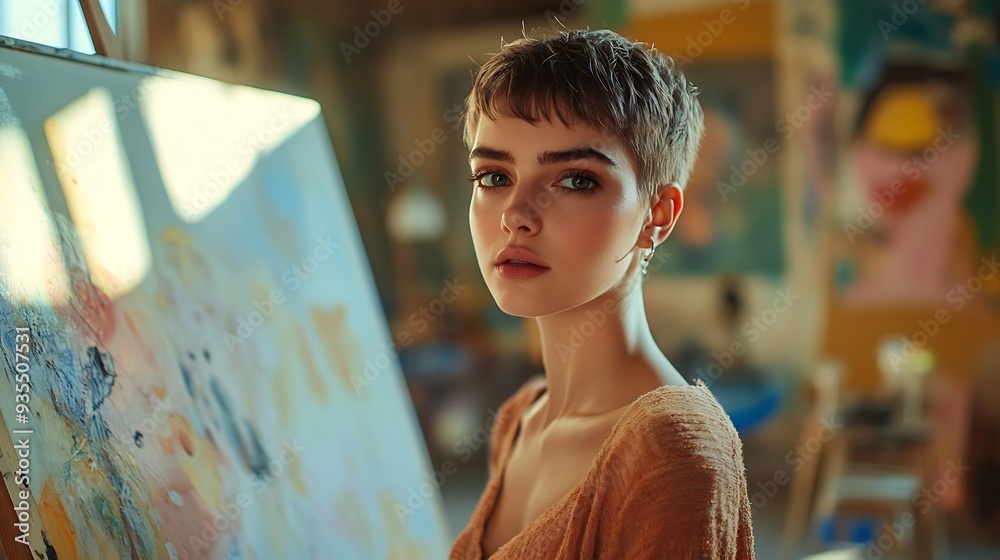 Aufkleber a very pretty woman with a short haircut is working hard trying to think of something to paint and a