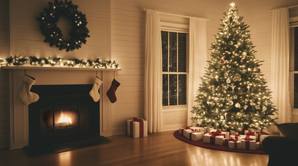 Warm Festive Living Room: Lit Fireplace, Stockings, and Adorned Christmas Tree, christmas tree design