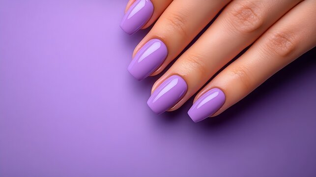 Females hand with gelish manicure Nails of trendy lavender color on purple background copy space : Generative AI