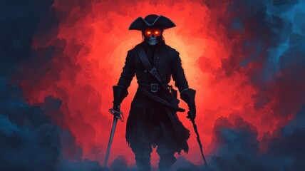 Ghost pirate captain standing on the bow, glowing eyes, stormy night, Watercolor style