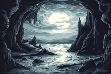 Dark Cave Entrance Overlooking Moonlit Ocean
