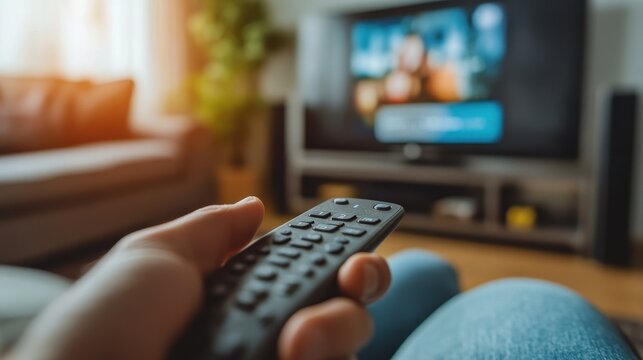 A relaxed person seated at home, engaged in watching their favorite show on TV while holding a remote control