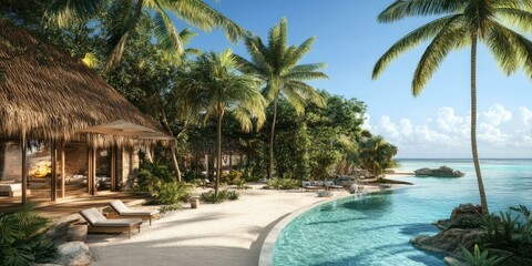 Fototapeta premium Tropical bungalow with pool and beach views.