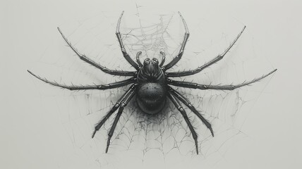 Obraz premium A minimalist depiction of a spider's web, with thin, precise lines creating an intricate geometric pattern, and a small, simple spider sitting at the center