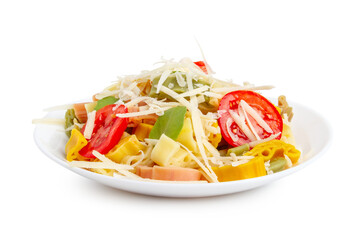 Pasta, macaroni with tomatoes and cheese in a plate on a blank background.