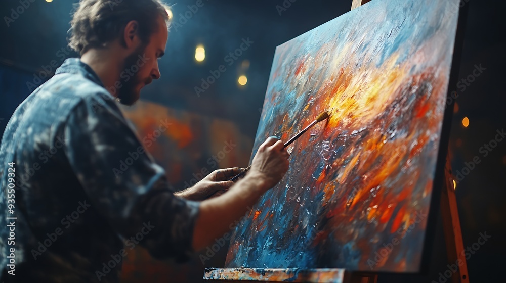 Poster Portrait of Artist Working on Abstract Painting Uses Paint Brush To Create Daringly Emotional Modern Picture Dark Creative Studio Large Canvas Stands on Easel Illuminated Side View Clo : Generative AI