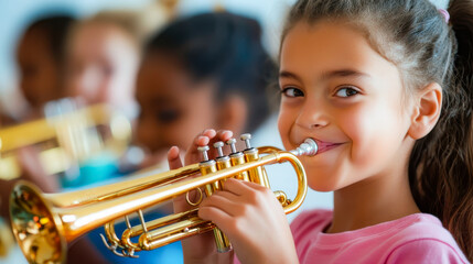 Young students practicing music instruments in a band class, showcasing the value of music education