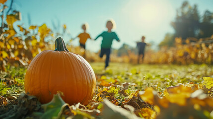 Autumn idyllic scene defocused children running and playing in a fall pumpkin patch with pumpkins in foreground still on the vine closeup school field trip kindergarten preschool family fun season