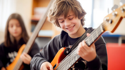 A dynamic and engaging scene in a high school music class where students are practicing with various instruments, from guitars and keyboards to drums and violins, the room filled with the sounds of