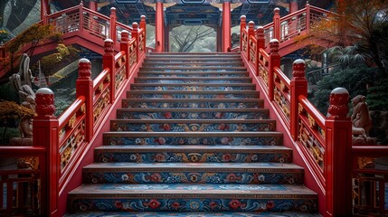 a staircase with red railings. 