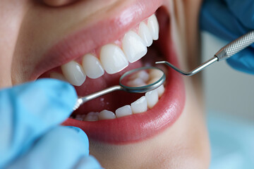 A dental professional examines a patient's healthy, white teeth with a dental mirror and explorer.