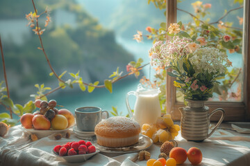 An inviting breakfast table set up by the seaside, with fresh fruit, pastries, and a view of the Mediterranean Sea.