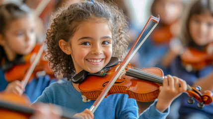 Full of joy. Cheerful content little girl holding fiddle bow and violin while learning to play