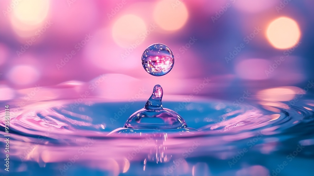 Aufkleber beautiful clean transparent bright drop of water on smooth surface in blue and pink colors macro cre