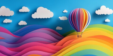 Whimsical Paper-Cut Sky Adventure: Colorful Hot Air Balloons, Clouds, and Rainbow Landscape. Perfect for Children's Art Projects, Holiday Decorations, and Playful Marketing Campaigns. Ideal for UI Des