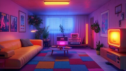 Retro living space with bold geometric rugs, neon lights, and a vintage cassette player..