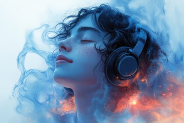 A relaxed listener enjoying a podcast on headphones, surrounded by flowing sound waves. Generative AI