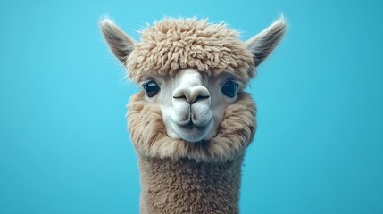 Obraz premium Funny angrylooking alpaca on blue background : Generative AI