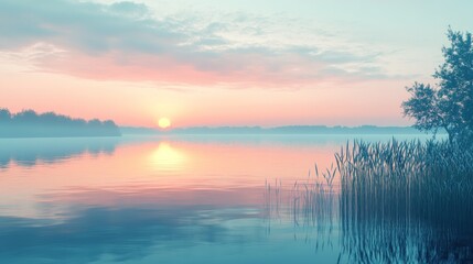Fototapeta premium Serene lakeside at dawn, with soft colors reflecting off the water and surrounded by tranquil nature.