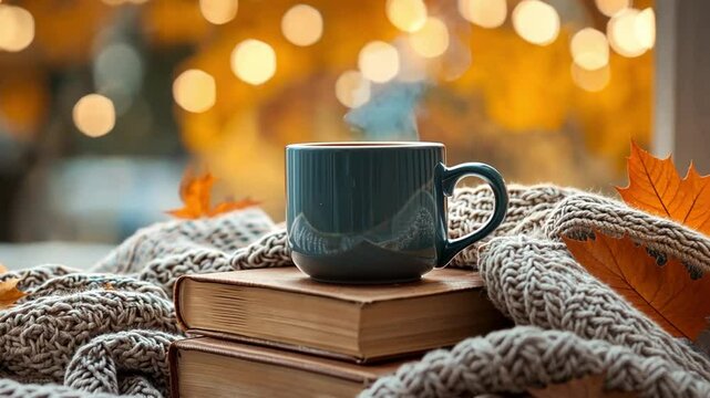 A mug of hot coffee, a warm scarf and a book on a dark wooden table strewn with autumn leaves Hot drink in the autumn cozy