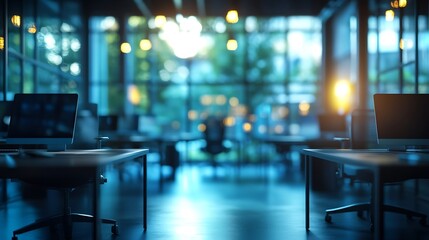 Blur background of modern office environment with multiple workstations and large windows Corporate interior photography Professional workplace concept Design for corporate workplace S : Generative AI