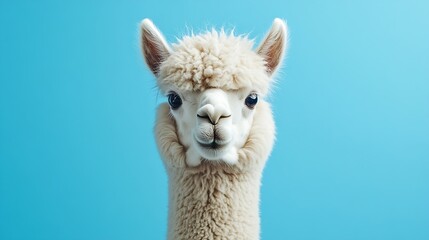 Obraz premium White alpaca on blue background : Generative AI