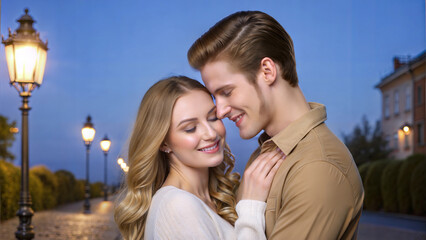 Naklejka premium A young couple embracing on a quiet, cobblestone street, with gentle smiles and a warm glow from nearby street lamps in the evening