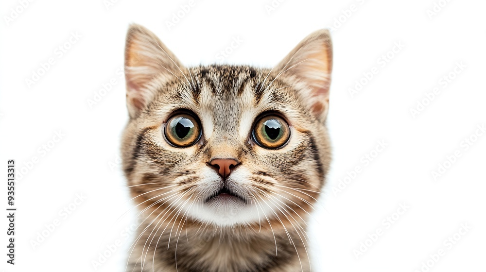 Poster portrait of a surprised cat scottish straight closeup isolated on white background : generative ai