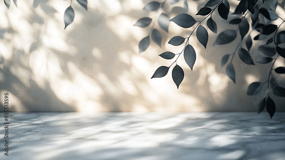 Sticker Minimalistic light background with blurred foliage shadow on a light wall Beautiful background for presentation with with marble floor : Generative AI